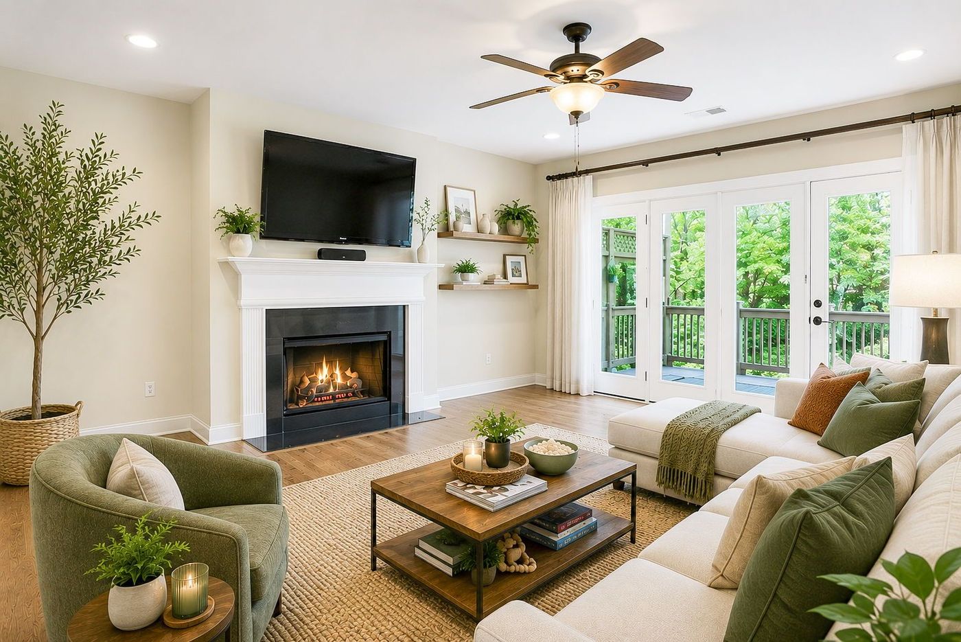 Great room with fireplace and French doors